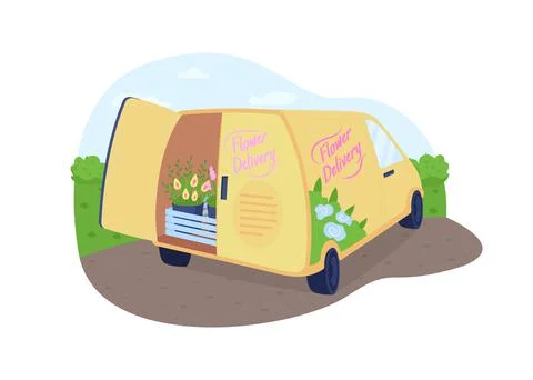 Flower delivery van 2D vector web banner, poster Stock Illustration