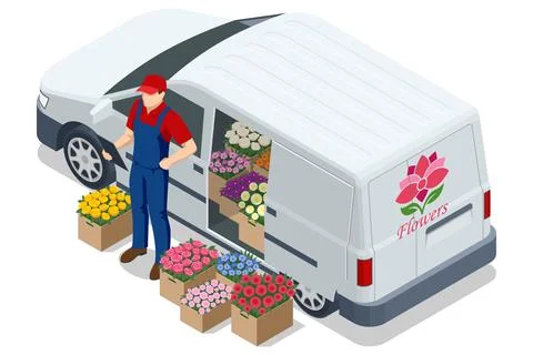 Flower delivery van with courier and flower box isometric illustration Stock Illustration