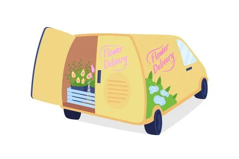 Flower delivery van with open trunk flat color vector object 스톡 일러스트