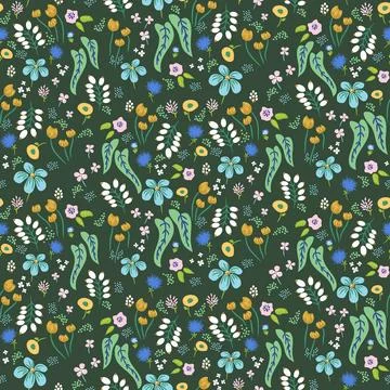 Flower dense pattern green background with meadow flowers Stock Illustration