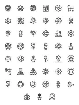 Flower Design Vector Icons featuring 45 Pixel Optimized Bold Line Style Stock Illustration