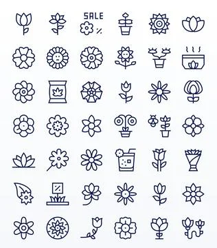 Flower Design Vector Icons featuring 42 Pixel Optimized Regular Line Style Stock Illustration
