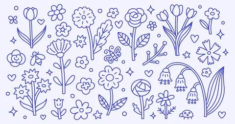 Flower doodle set with hand drawn floral line art, spring garden botanical Stock Illustration