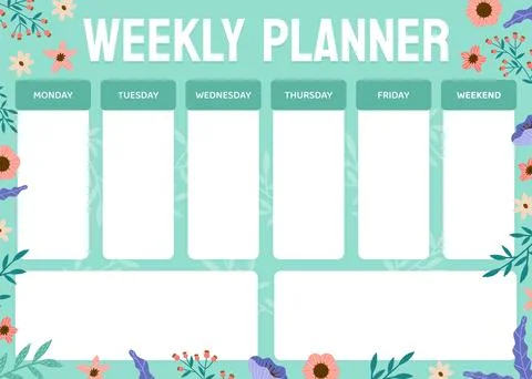 Flower Empty Weekly Planner Design with Blooming Flora Vector Template Stock Illustration