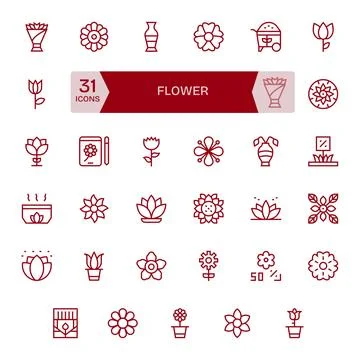 Flower featuring 35 128x128 Vector Icons in Regular Line Design Stock Illustration