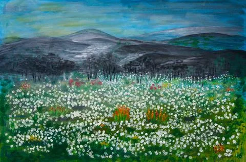 Flower field by mountains Stock Illustration