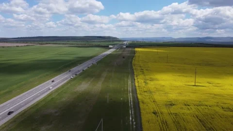 Flower fields of yellow rapeseed, against the background of the mountains Stock Footage 154560736
