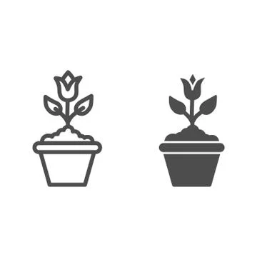 Flower in flowerpot line and solid icon, floral concept, plant in flowerpot sign Stock Illustration