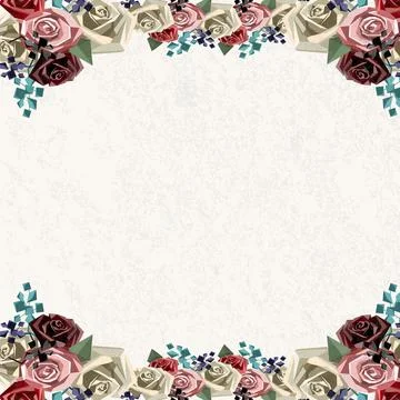 Flower frame consisting of roses and decorative brunches in low poly style. Stock Illustration