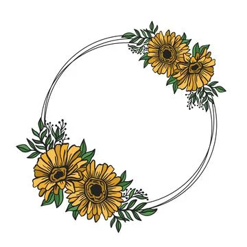 Flower frame double round.Floral circle border botanical drawing style. Stock Illustration