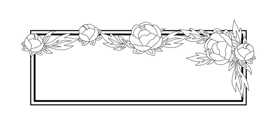 Flower frame with linear peony. Border with beautiful decorative stylized sum Ilustração Stock