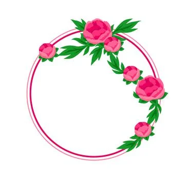Flower frame with peony. Circle with beautiful decorative summer flowers. Stock Illustration