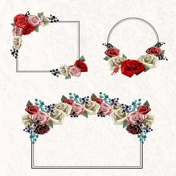 Flower frames consisting of roses and decorative branches set in low poly style Stock Illustration