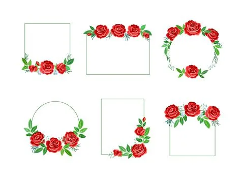 Flower frames of red roses of different shapes set. Wedding, party invitation Stock Illustration