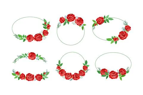 Flower frames of red roses set. Retro flowers arranged in shape of the wreath Stock Illustration