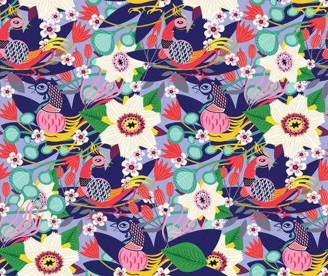 Flower garden with birds seemless pattern Stock Illustration