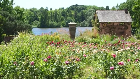 Flower garden with the Erdre River in the background (Nantes, France) Stock Footage 196164057