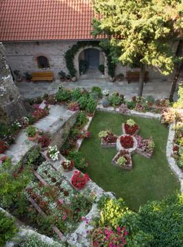 Flower garden inside a monastery 스톡 사진