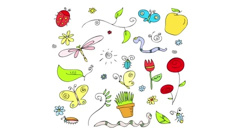 Flower garden pattern with many small animals and insects of different forms and Stock Footage 132071435