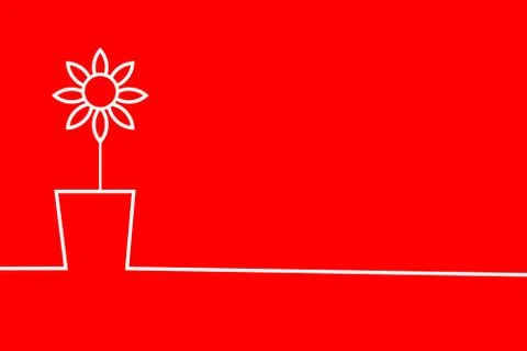 Flower in Garden Pot in Solid Line White on Red. Plant in Flowerpot in Outline Stock Illustration