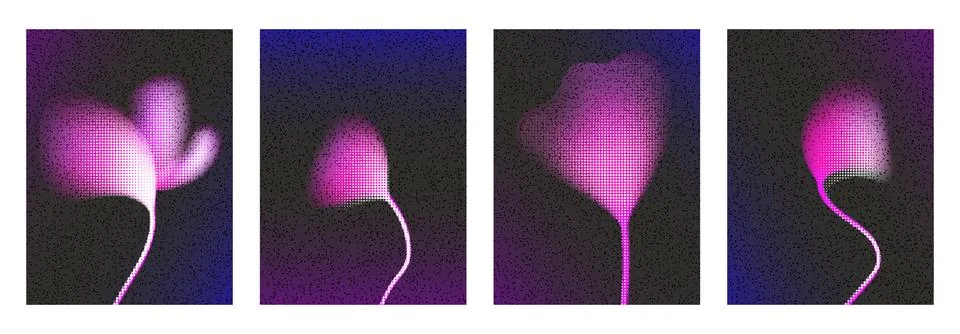 Flower gradient set with portrait botanical panels. Halftone dotwork and grain Stock Illustration