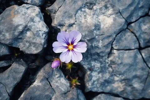 A flower grows through the stone ground. New plant life. Top view. Foto stock