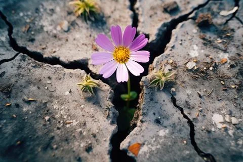 A flower grows through the stone ground. New plant life. Top view. Stock Photos
