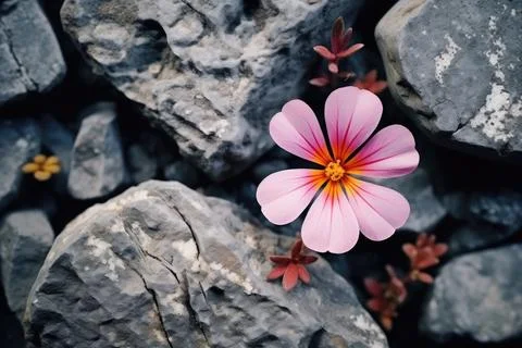 A flower grows through the stone ground. New plant life. Top view. Stock Photos