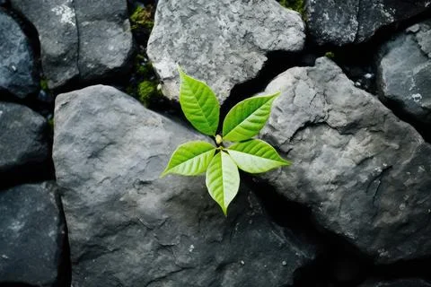 A flower grows through the stone ground. New plant life. Top view. Stock Photos