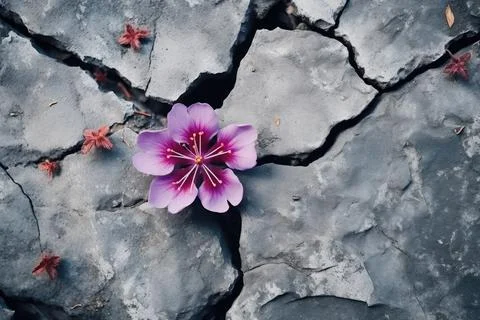 A flower grows through the stone ground. New plant life. Top view. Stock Photos