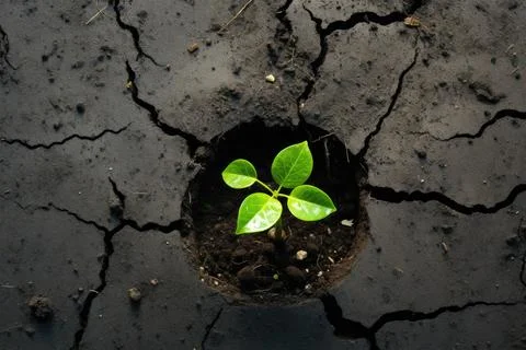 A flower grows through the stone ground. New plant life. Top view. Stock Photos