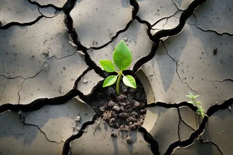 A flower grows through the stone ground. New plant life. Top view. Stock Photos