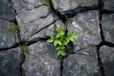 A flower grows through the stone ground. New plant life. Top view. Foto stock
