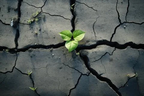 A flower grows through the stone ground. New plant life. Top view. 스톡 사진