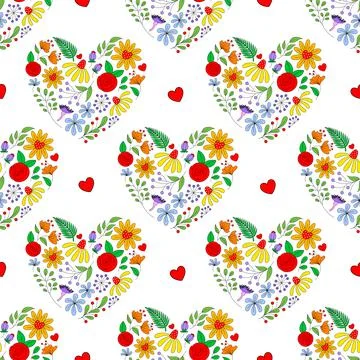 Flower in heart shape seamless pattern. Hand drawn style. Stock Illustration