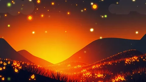 Flower Hill Fire Light Night: Fire Light In Flower Field Hill Side Night Cartoo Video stock 306505144