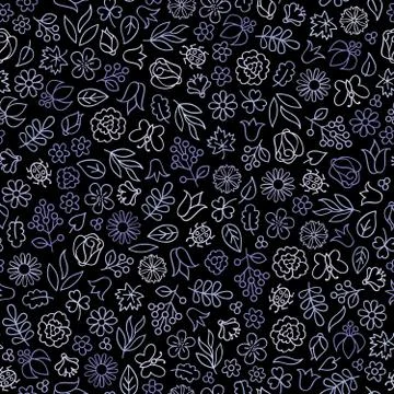 Flower icon seamless pattern. Floral leaves, flowers. Black orna Stock Illustration
