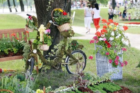 Flower installation with bicycle Stock Photos