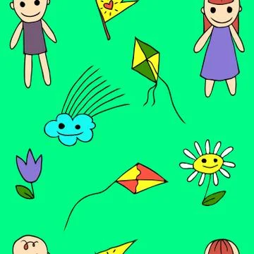 Flower, kite flying, cloud, boy, girl Stock Illustration