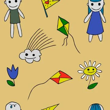 Flower, kite flying, cloud, boy, girl2 Illustrazione stock
