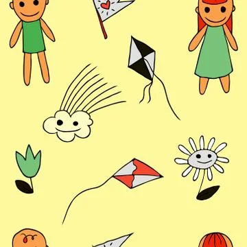 Flower, kite flying, cloud, boy, girl3 Stock Illustration