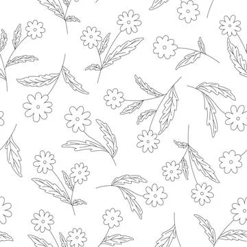 Flower leaf seamless pattern meadow black line Stock Illustration