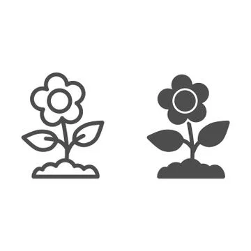 Flower line and solid icon, floral concept, Spring flower with leaves sign on 스톡 일러스트
