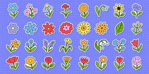 Flower line icon set, naive doodle thin linear art. Collection of hand drawn Stock Illustration