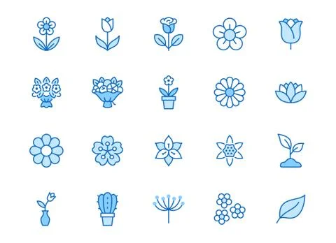 Flower line icon set. Rose, tulip in vase, fruit bouquet, spring blossom, cactus Stock Illustration