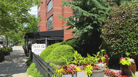 Flower-lined sidewalk in front of 1633 Q Street NW in Washington D.C. Stock Footage 323562671