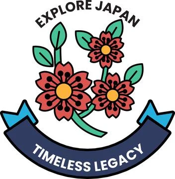 A flower logo with the words Explore Japan on it Stock Illustration