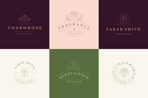 Flower logos emblems design templates set with botanical plants and rose ve.. Stock Illustration