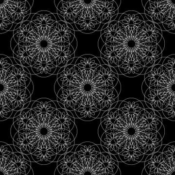 Flower mandala. Linear Graphics. Seamless pattern. Black background. Small it Stock Illustration