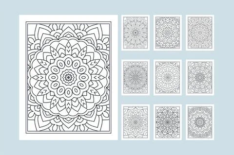 Flower mandala pattern bundle for coloring pages KDP interior. Traditional In Stock Illustration
